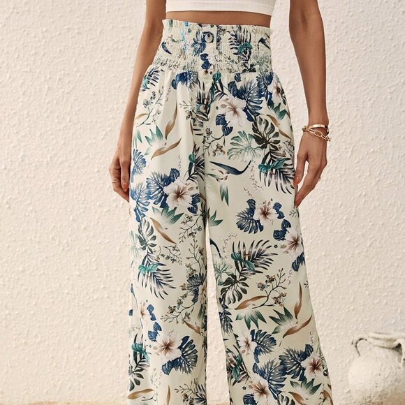 Wide Leg Pants, High Waist Boho Tropical Print Flowy Hippie casual beach pants - Picture 8 of 8